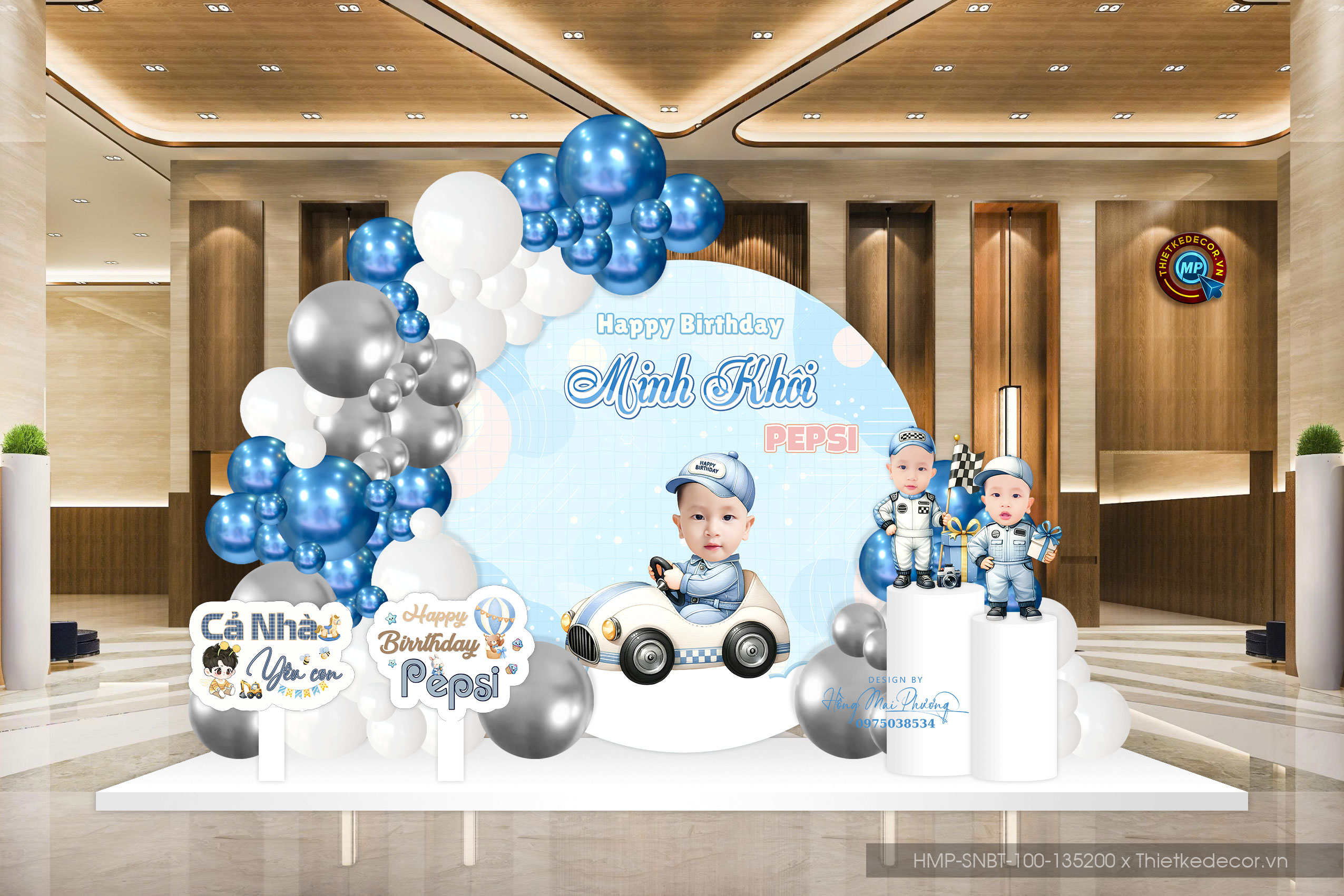 Trang trí tiệc sinh nhật. File thiết kế Backdrop sinh nhật bé trai tone xanh thích lái xe